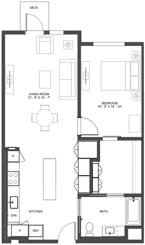 Floor plan for 1 bed, 1 bath, 886 sqft